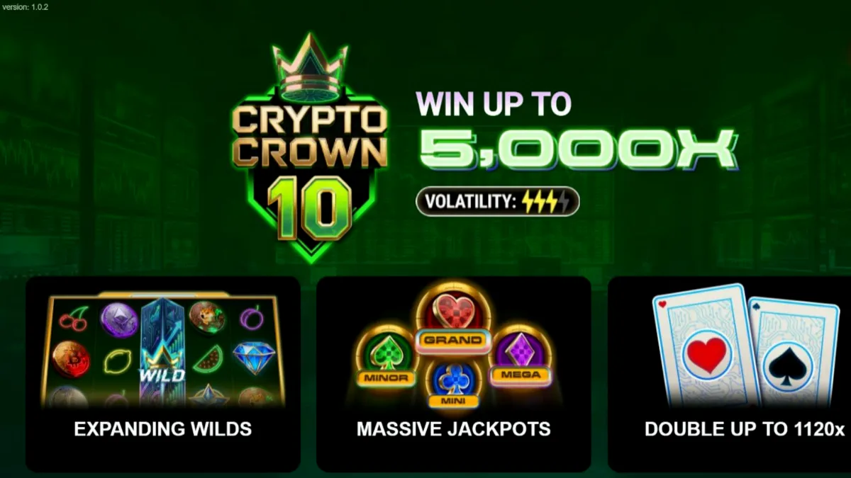 Futuristic na disenyo ng Crypto Crown 10 slot na may neon fruits at crypto symbols.
