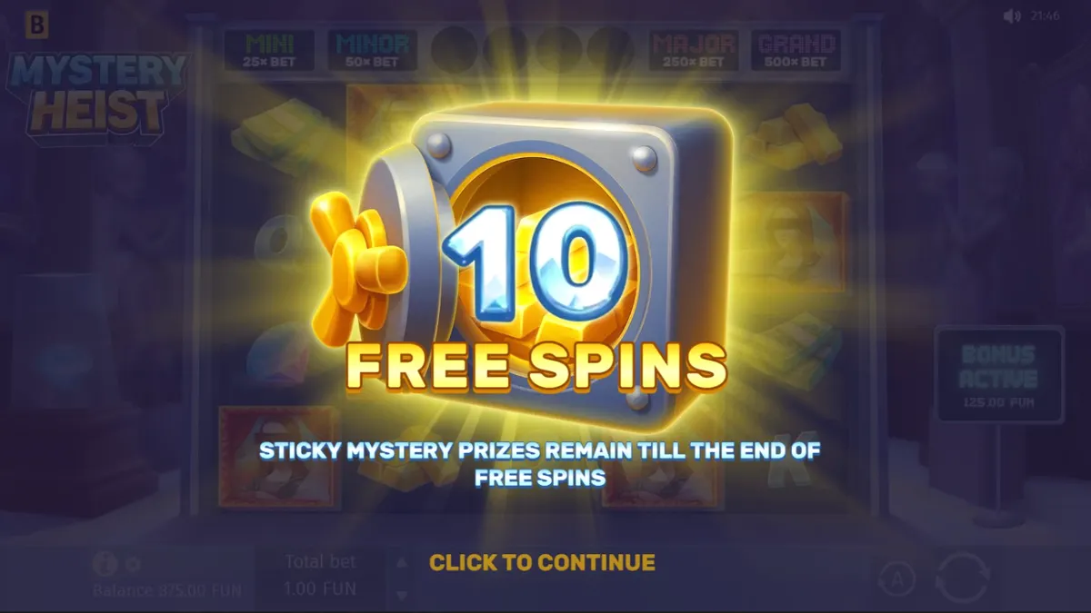 Mystery Heist slot game screen na nagpapakita ng vault theme